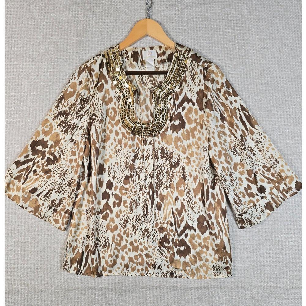 Hot in Hollywood Leopard Animal Print Sequin V-Neck Tunic Blouse Top‎ Large L